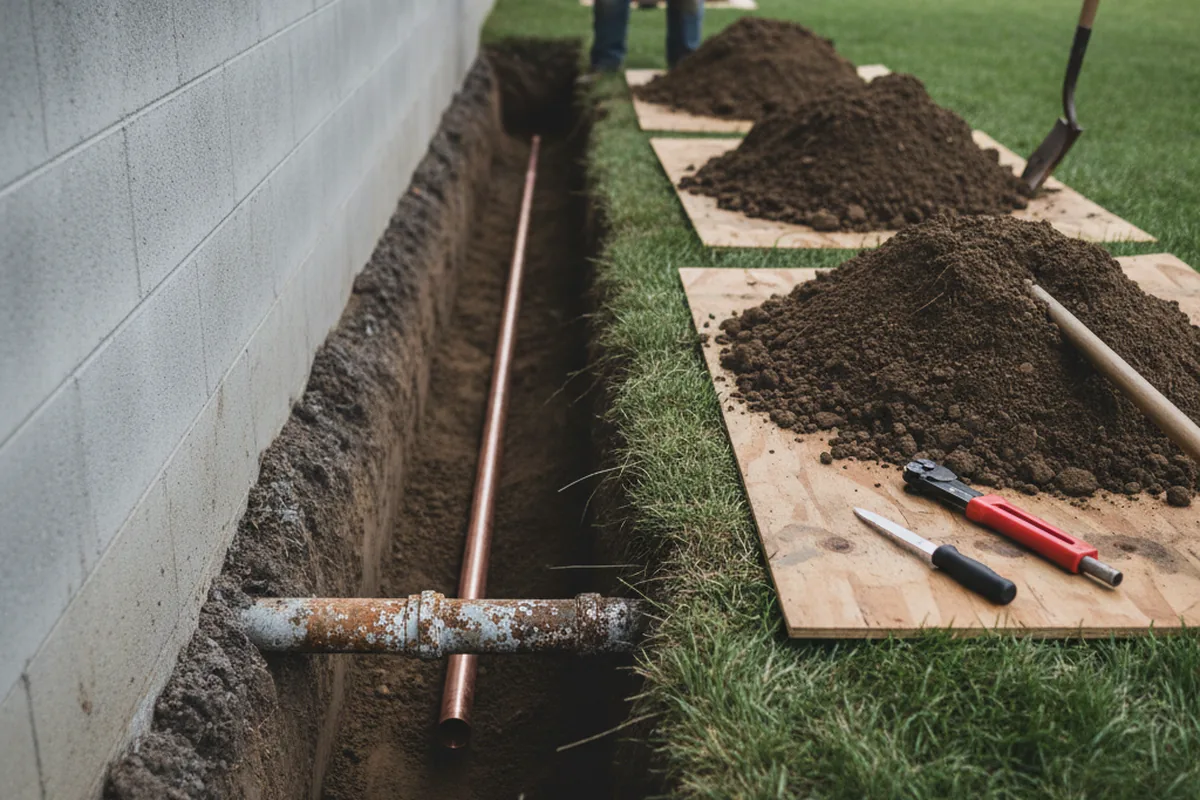 Excavated water line trench during Sewer Line Repair in Old Greenwich